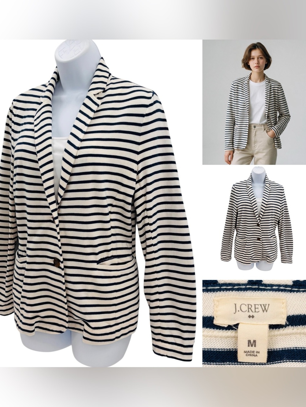 J.Crew 100% Cotton Knit Striped Blazer Sz. M Maritime